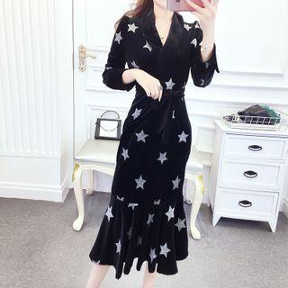 Long-sleeve Star Print Midi Mermaid Dress Black - One Size