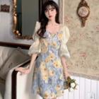 Puff-sleeve Sweetheart Neckline Floral Mini A-line Dress / Midi A-line Dress
