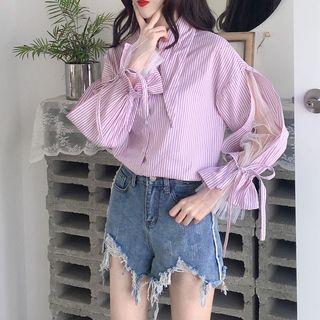 Tie-neck Mesh Panel Striped Shirt