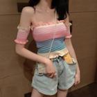 Ruffled Striped Off-shoulder Short-sleeve Knit Top