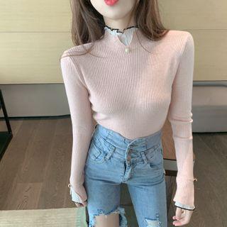 Mock Two-piece High-neck Mesh Panel Sweater