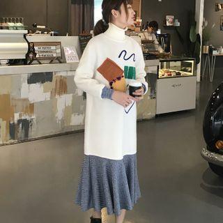Turtleneck Knit Panel Mock Two-piece Midi Dress