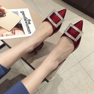 Faux Leather Rhinestone Buckled Pointed Low Heel Pumps