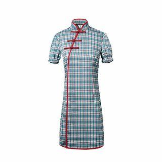 Short-sleeve Contrast Trim Plaid Cheongsam