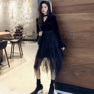 Long-sleeve Sheer Overlay A-line Dress