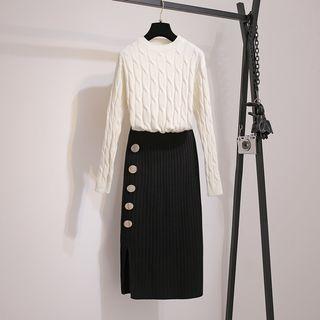 Set Cable-knit Sweater + Straight Cut Midi Knit Skirt