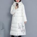 Long Floral Print Hooded Frog-buttoned Padded Coat