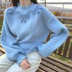 Bow Embroidered Frayed Sweater Light Blue - One Size
