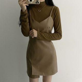 Long-sleeve Mock-neck Top / Faux Leather Mini Overall Dress
