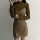 Long-sleeve Mock-neck Top / Faux Leather Mini Overall Dress