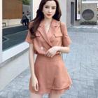 Set: Pinstriped Short-sleeve Blouse + Mini A-line Skirt