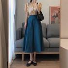 Short-sleeve Lace Trim Shirt / Midi A-line Skirt / Set