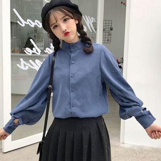 Single-breasted Long-sleeved Stand Collar Plain Blouse
