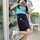 Short-sleeve Heart Split T-shirt / High-waist Heart Embroidered Shorts