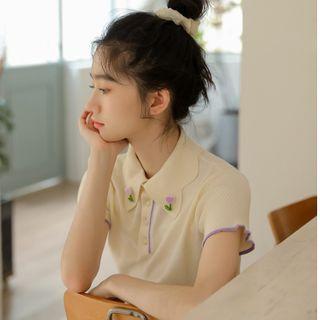Flower Applique Short-sleeve Polo Shirt