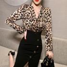 Long-sleeve Mock Two-piece Leopard Print Sheath Dress