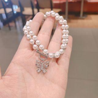 Faux Crystal Butterfly Pendant Faux Pearl Necklace 01 - As Shown In Figure - One Size