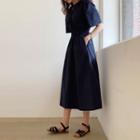 Short-sleeve A-line Midi Dress Dark Blue - One Size