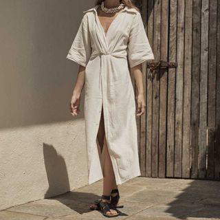 Deep V-neck Twist-front A-line Midi Dress