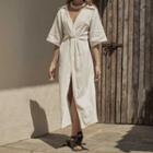 Deep V-neck Twist-front A-line Midi Dress