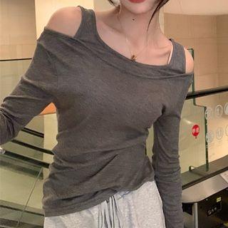 Mock-two Piece Plain Asymmetrical T-shirt
