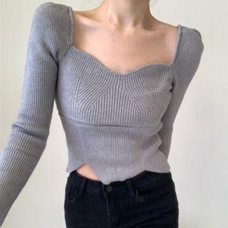 Long-sleeve Shoulder Padded Cropped Knit Top