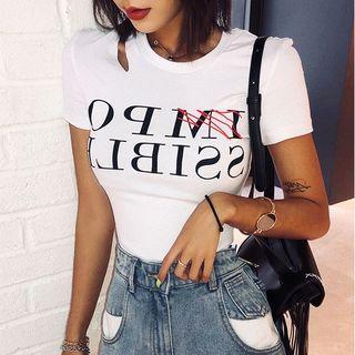 Short-sleeve Letter Cutout Printed T-shirt