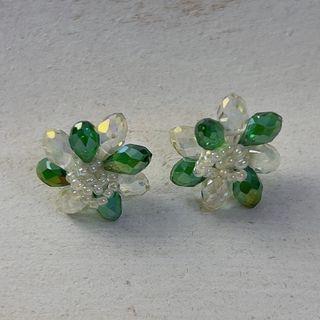 Flower Faux Crystal Earring 1 Pair - Green & White - One Size
