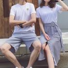 Couple Matching Set: Short-sleeve Embroidered T-shirt + Shorts / A-line Midi Skirt
