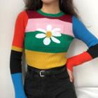 Flower Printed Color Block Sweater Rainbow - S