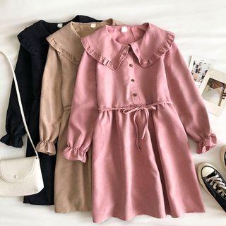 Plain Peter-pan Collar Single-breasted Lace-up Long-sleeve Dress
