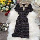 Short-sleeve Curve Striped Midi A-line Knit Dress Black - One Size