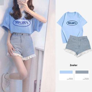 Elbow-sleeve Lettering T-shirt / Frill Trim Denim Shorts