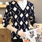 Mock Two Piece Patterned Collared Long Sleeve Top