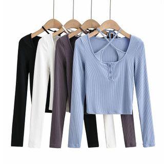 Long Sleeve Cross-strap Ribbed Knit Crop Top