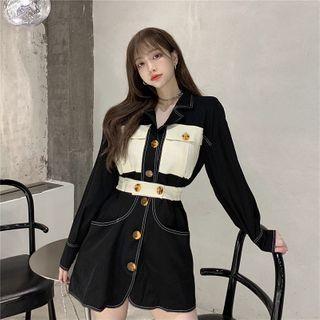 Long-sleeve Two-tone Mini A-line Cargo Dress