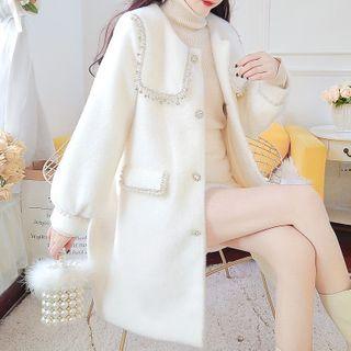 Peter Pan-collar Rhinestone Panel Faux Fleece Long Coat
