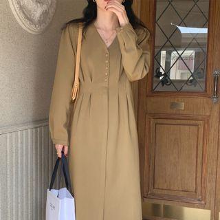 Long-sleeve V-neck Button-up Midi A-line Dress