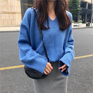 Plain V-neck Loose-fit Sweater / Plain Loose-fit Pants