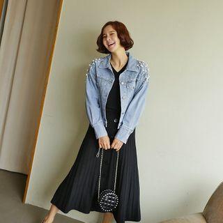 Beads Embellished Denim Trucker Jacket Blue - One Size