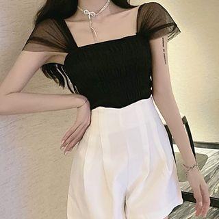 Mesh-sleeve Shirred Blouse / High-waist Shorts