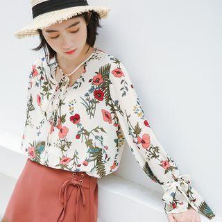 Floral Chiffon Long-sleeve Blouse White - One Size