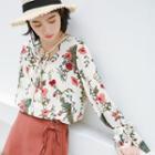 Floral Chiffon Long-sleeve Blouse White - One Size