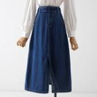 Slit Denim Midi A-line Skirt / Collared Blouse / Set
