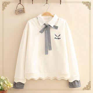 Inset Shirt Tie-neck Fleece-lined Pullover