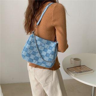 Checkerboard Denim Shoulder Bag Peacock Blue - One Size