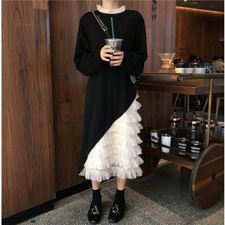 Mesh Panel Long-sleeve Midi Dress As Shown In Figure - One Size