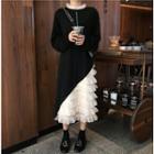 Mesh Panel Long-sleeve Midi Dress As Shown In Figure - One Size