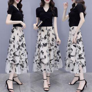 Set: Short-sleeve V-neck Top + Print Midi A-line Skirt