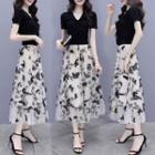 Set: Short-sleeve V-neck Top + Print Midi A-line Skirt